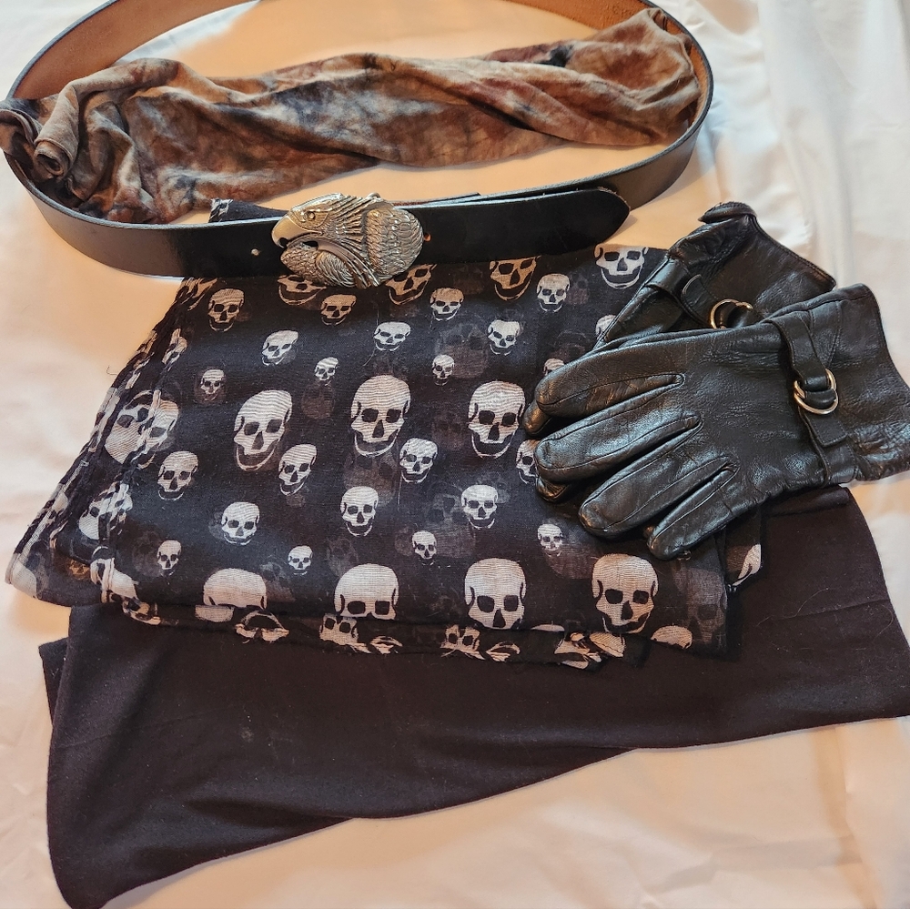 Skull Print Scarf with Black Leather Gloves and Belt